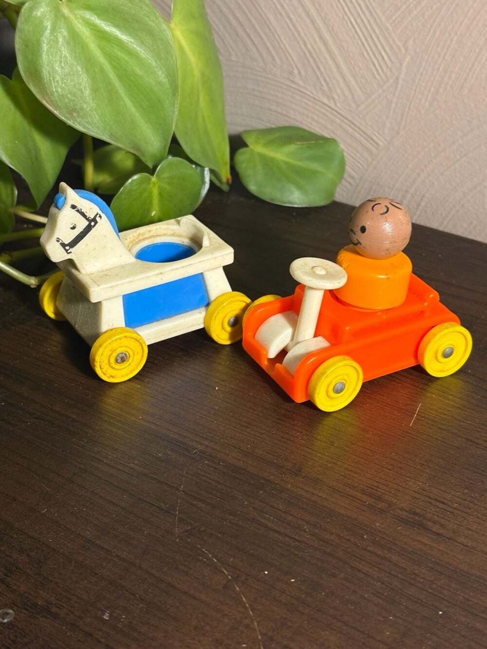 Vintage Fisher-Price Little Riders Set with Horse Cart, Orange Car, and Boy